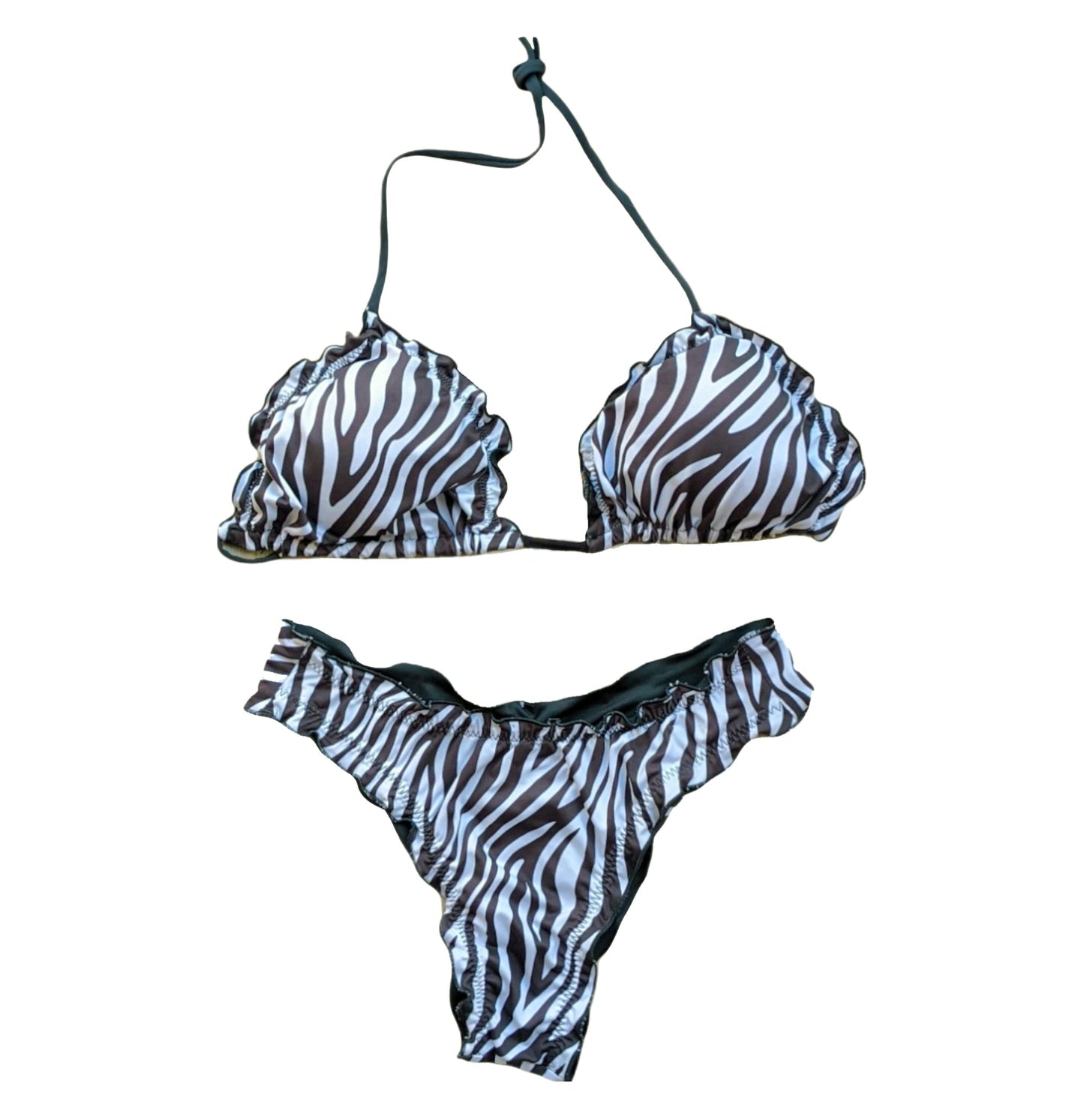 Brazilian Breeze Women's 2 Piece Swimsuit Rippled Double-Sided Halter String Triangle Top Cheeky Bikini Set Made in Brazil. (S, Zebra)