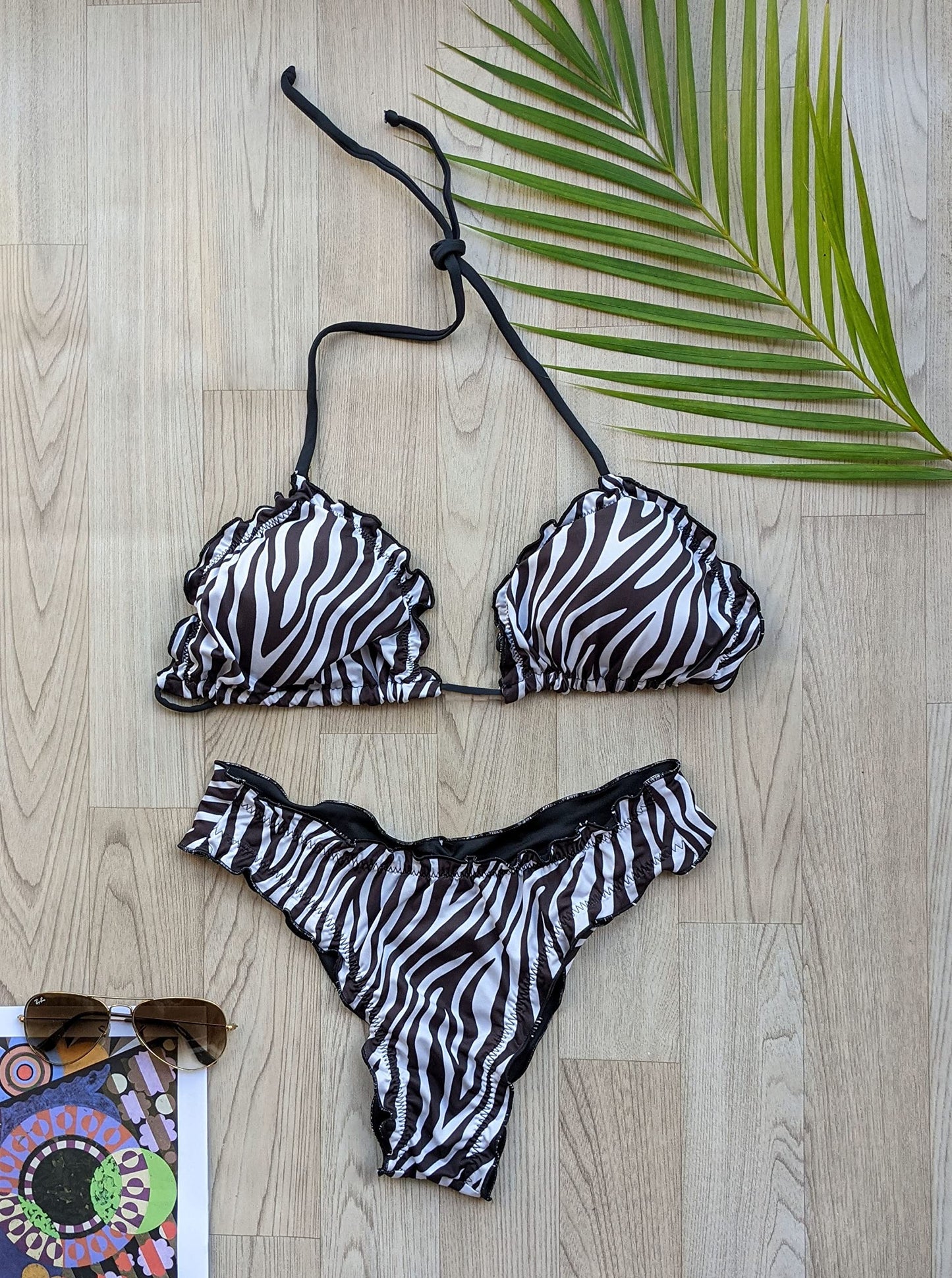 Brazilian Breeze Women's 2 Piece Swimsuit Rippled Double-Sided Halter String Triangle Top Cheeky Bikini Set Made in Brazil. (L, Zebra)